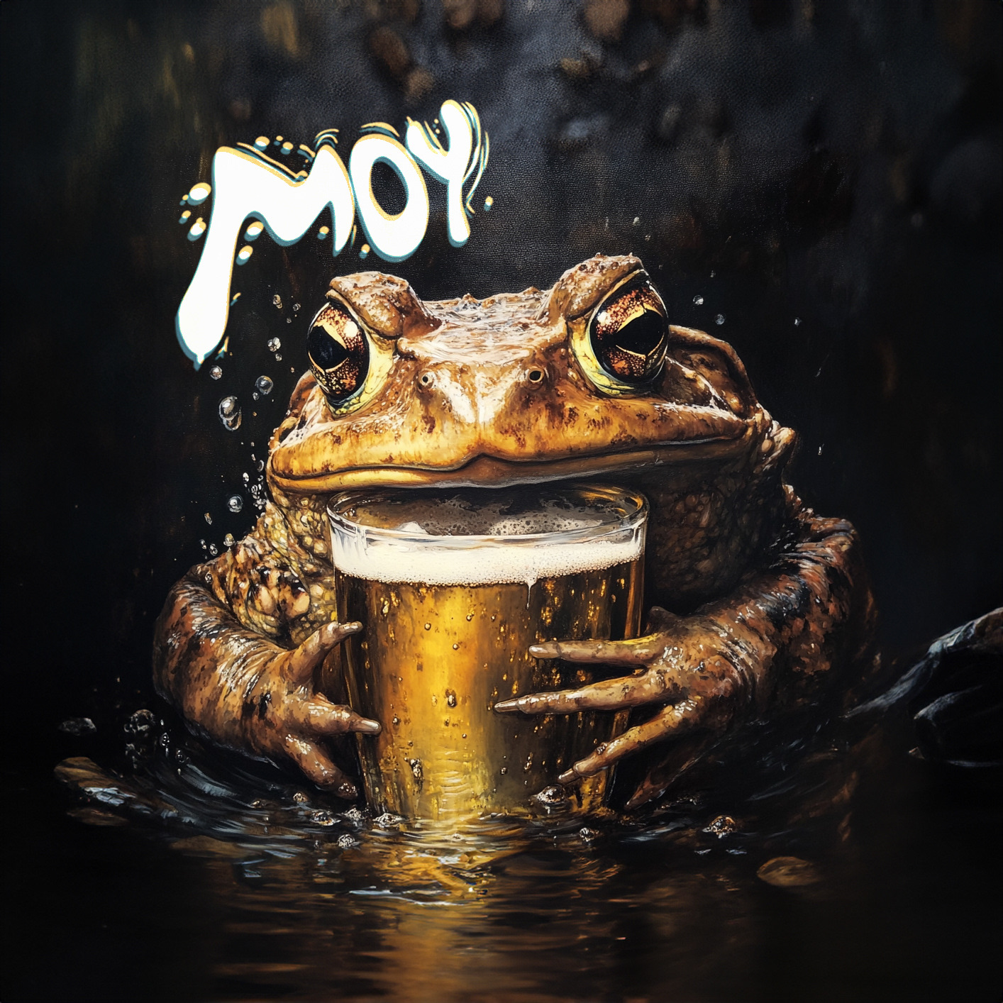 Moy artwork — a toad holding a glass of beer, with Moy written above it